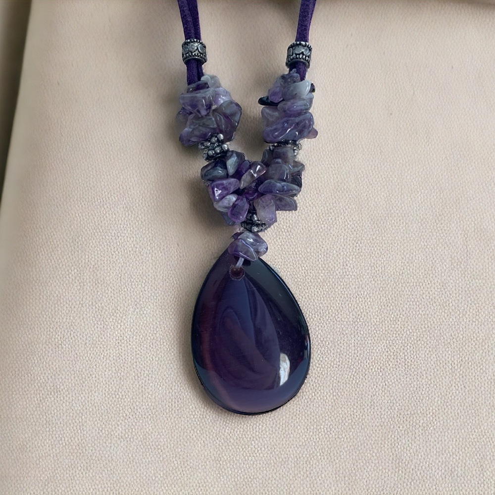 Purple Stone and Amethyst Pendant on Purple Suede Cord